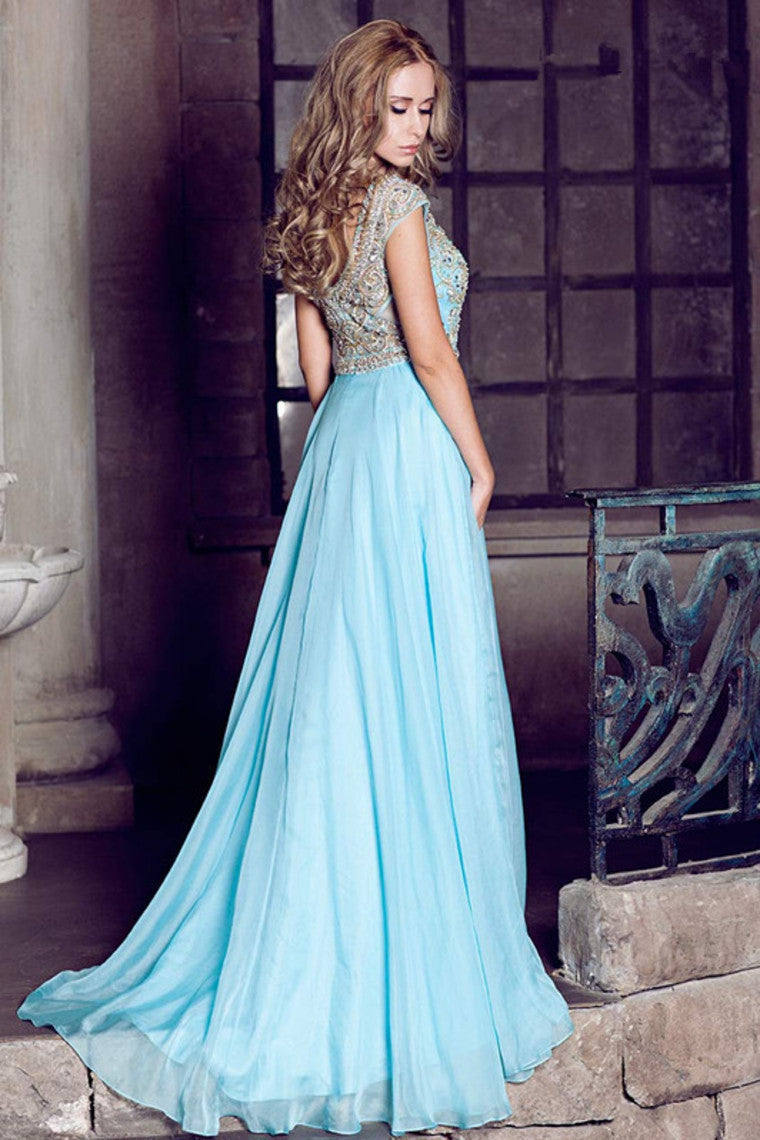 2022 Prom Dress Scoop A Line Floor Length Beaded Tulle Bodice With Chiffon Skirt