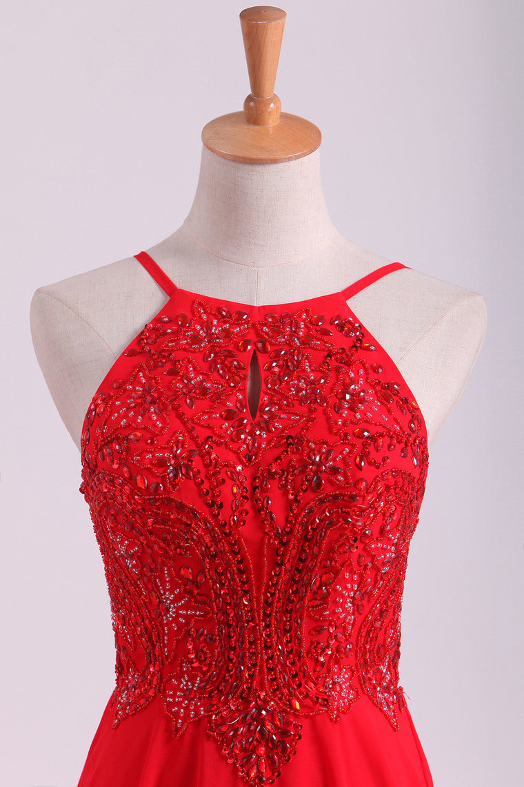 2022 Red Spaghetti Straps Beaded Bodice A-Line Chiffon Prom Dresses