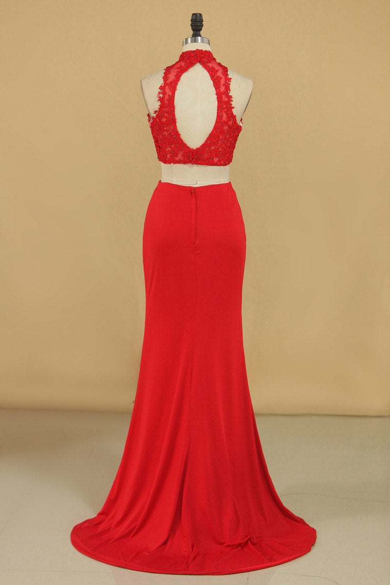 2022 Two-Piece High Neck Spandex  Prom Dresses Sheath With Beads And Applique Open Back