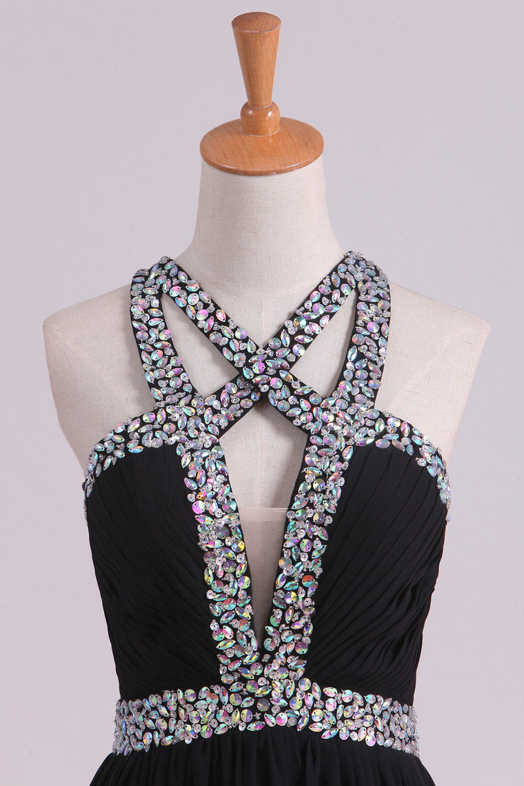 2022 Black Prom Dresses A Line Chiffon With Beads And Slit Cross Back