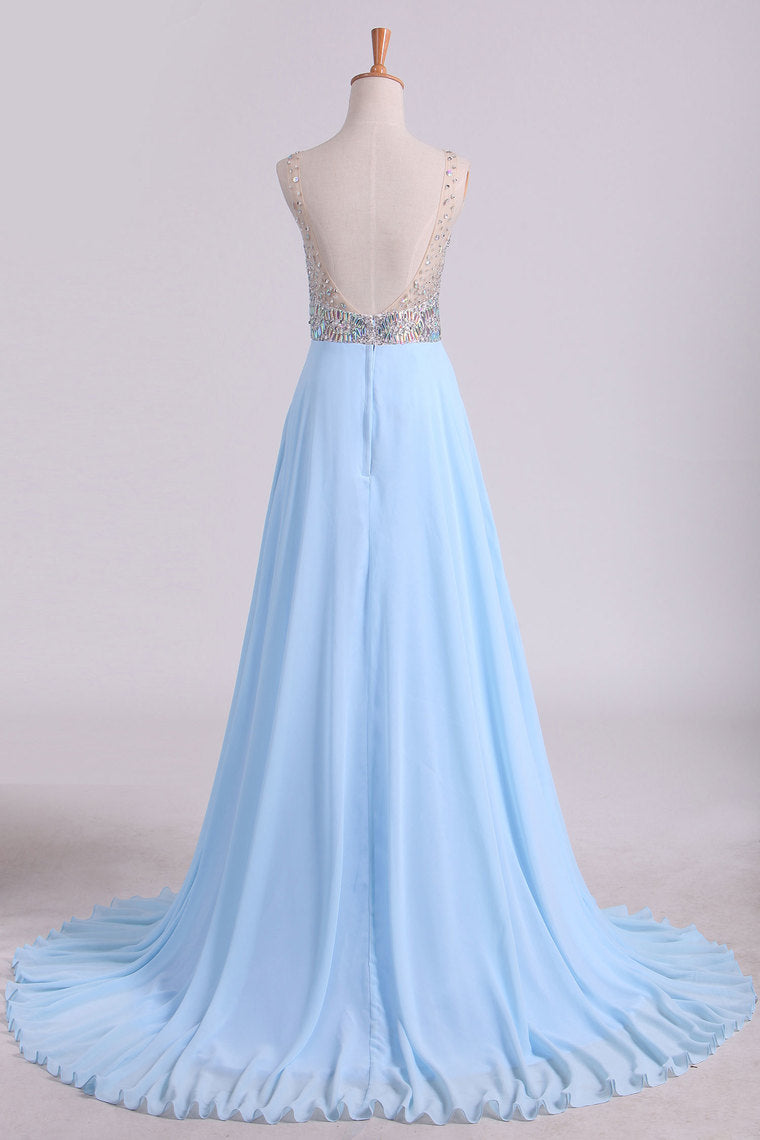 2022 Prom Dresses V Neck Beaded Bodice Sweep Train Chiffon A Line