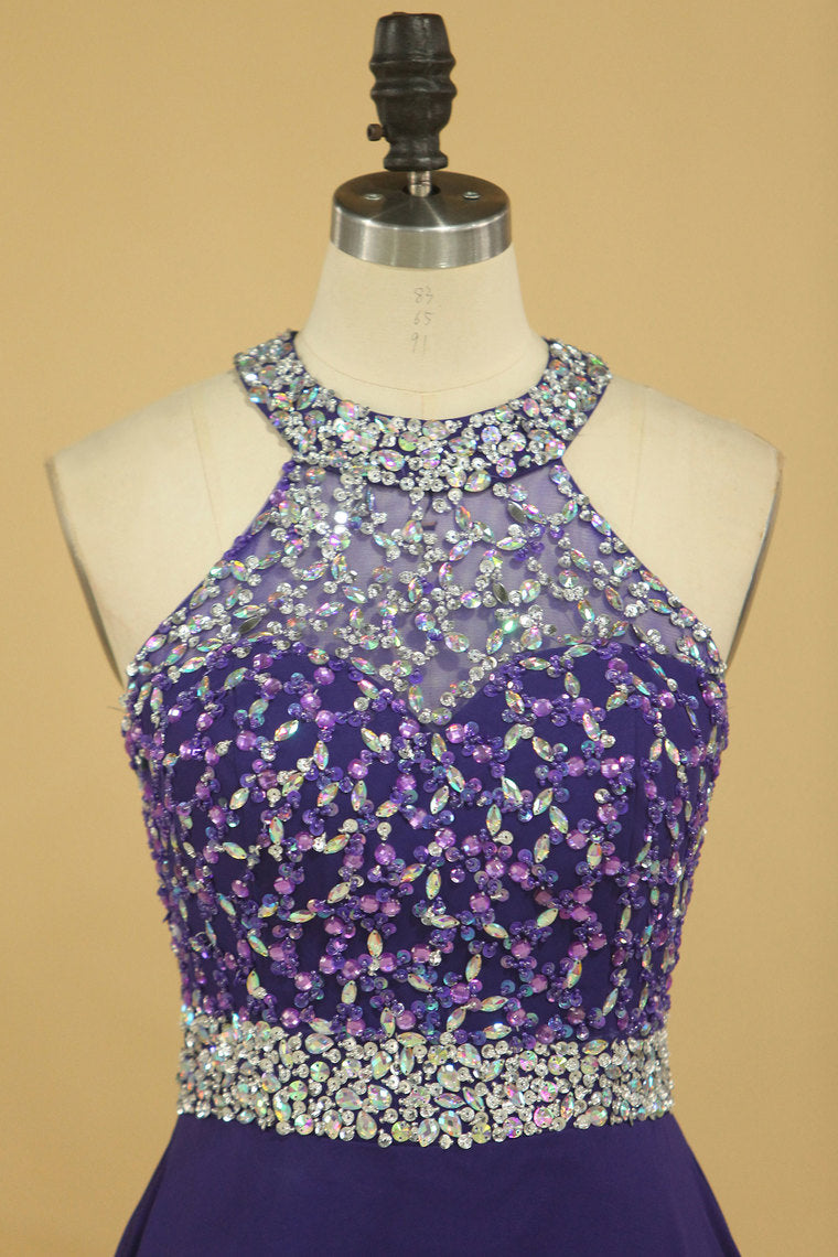 2022 Halter Beaded Bodice Open Back Prom Dresses A Line Chiffon Sweep Train