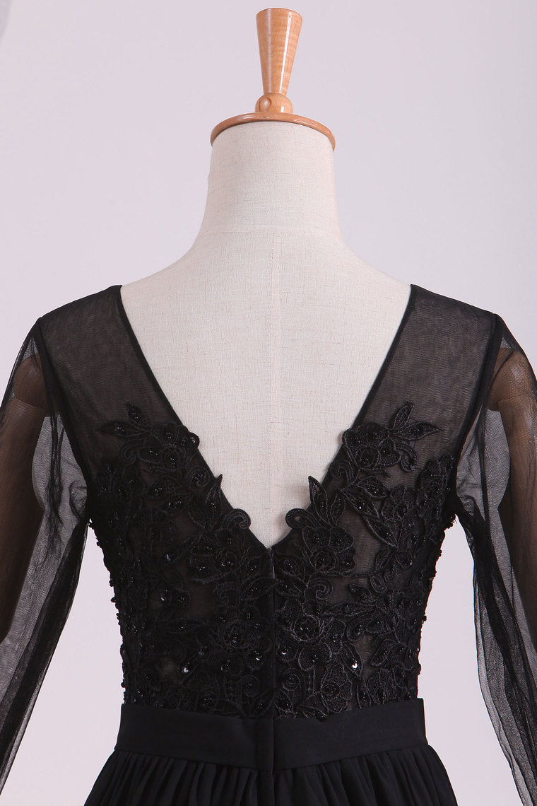 2022 Black Evening Dresses Long Sleeves A Line Chiffon With Applique & Slit