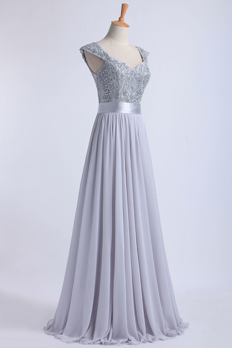 2022 Off The Shoulder A-Line Floor-Length Prom Dresses Beaded Bodice Tulle And Chiffon