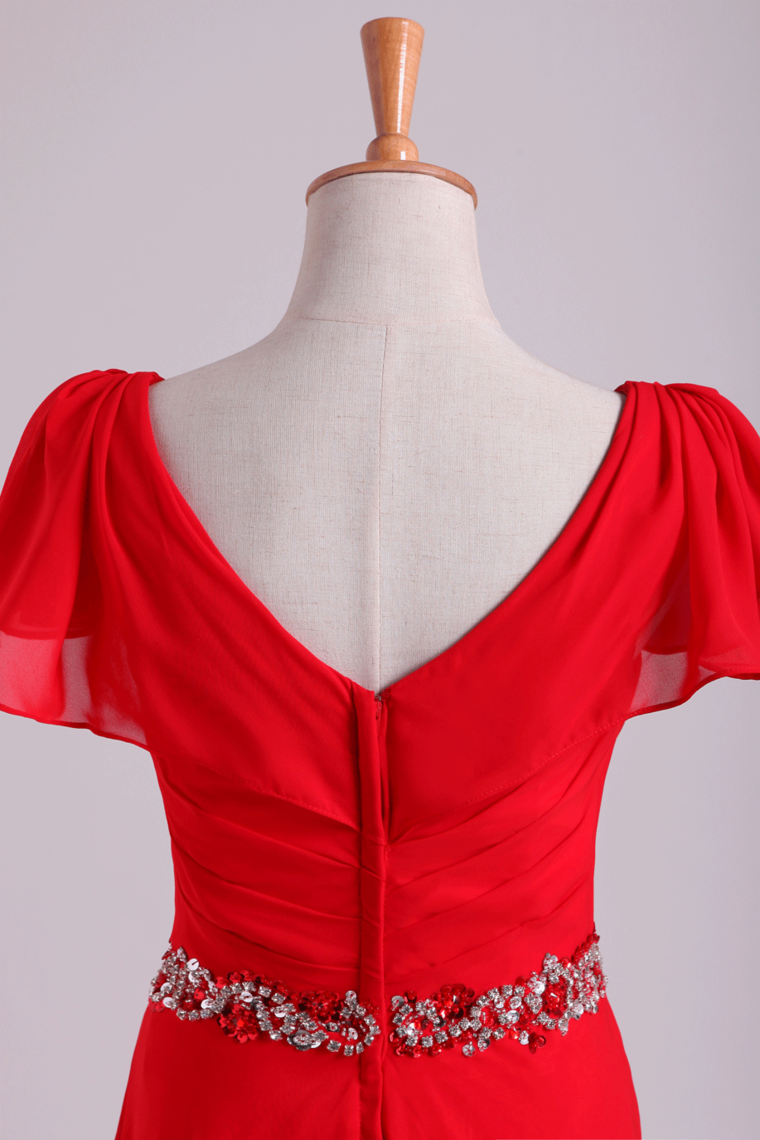 2022 Mother Of The Bride Dresses V-Neck Floor-Length Chiffon With Beading Waist Line