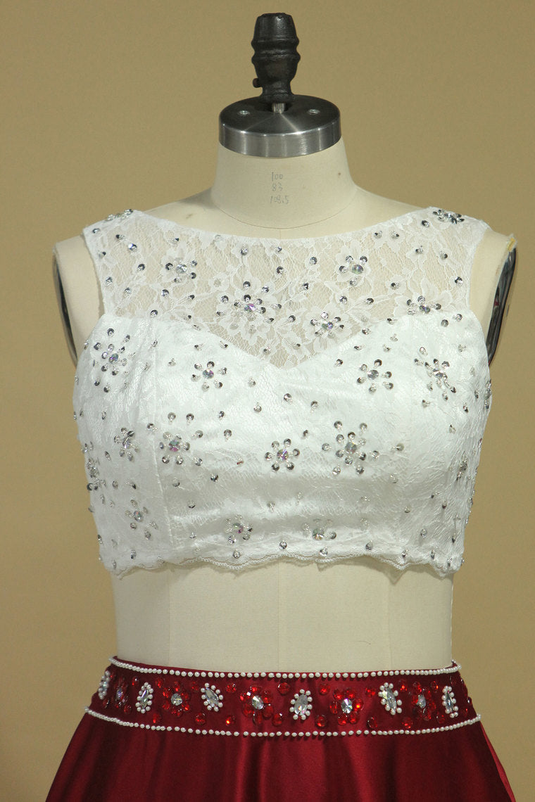 2022 Prom Dresses A-Line Scoop Floor-Length Satin & Lace Open Back