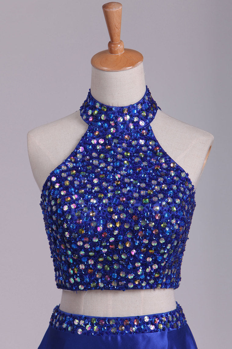 2022 Two Pieces High Neck Prom Dresses A Line Beaded Bodice Satin Dark Royal Blue