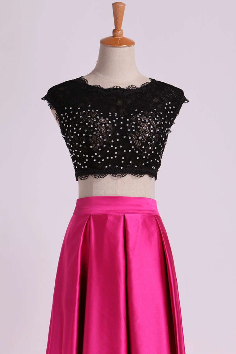 2022 Two Pieces Prom Dresses Scoop Appliqued&Beaded Bodice Floor Length Open Back Satin