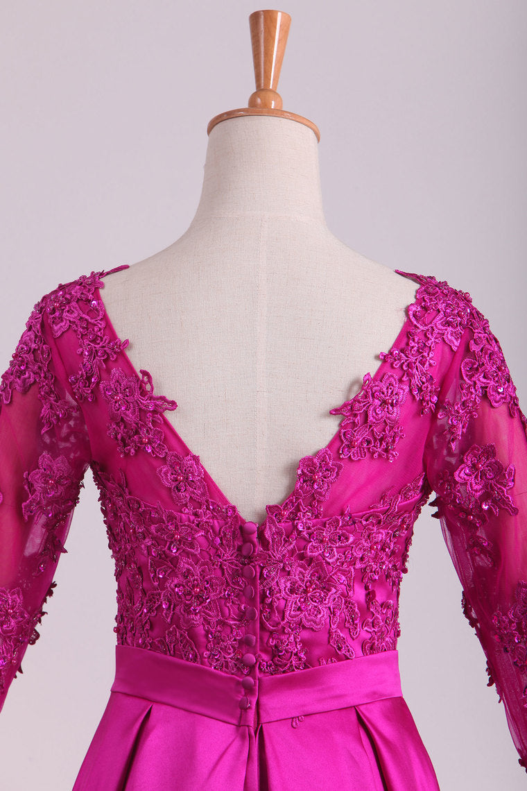 2022  3/4 Length Sleeves V Neck A Line Satin Mother Of The Bride Dresses With Applique And Beads