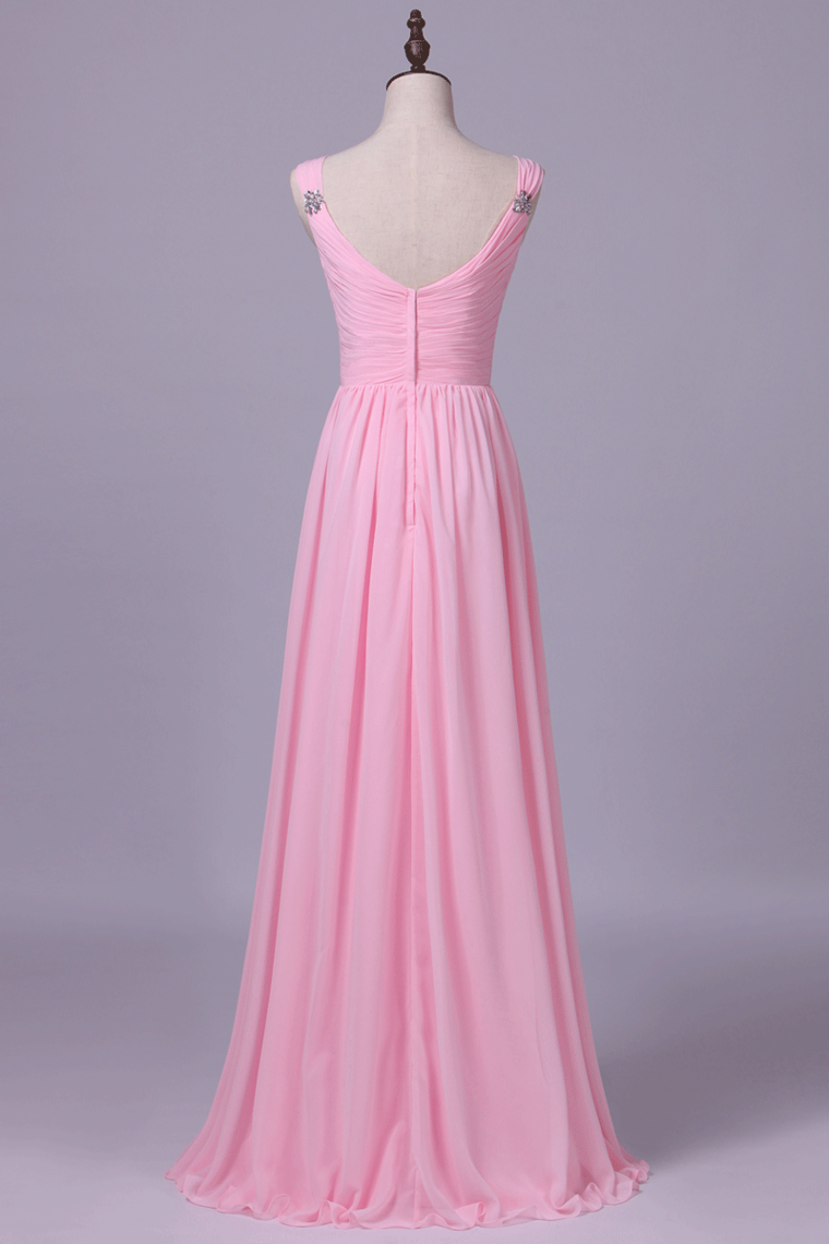 2022 Straps Bridesmaid Dresses A Line Chiffon With Ruffles Floor Length