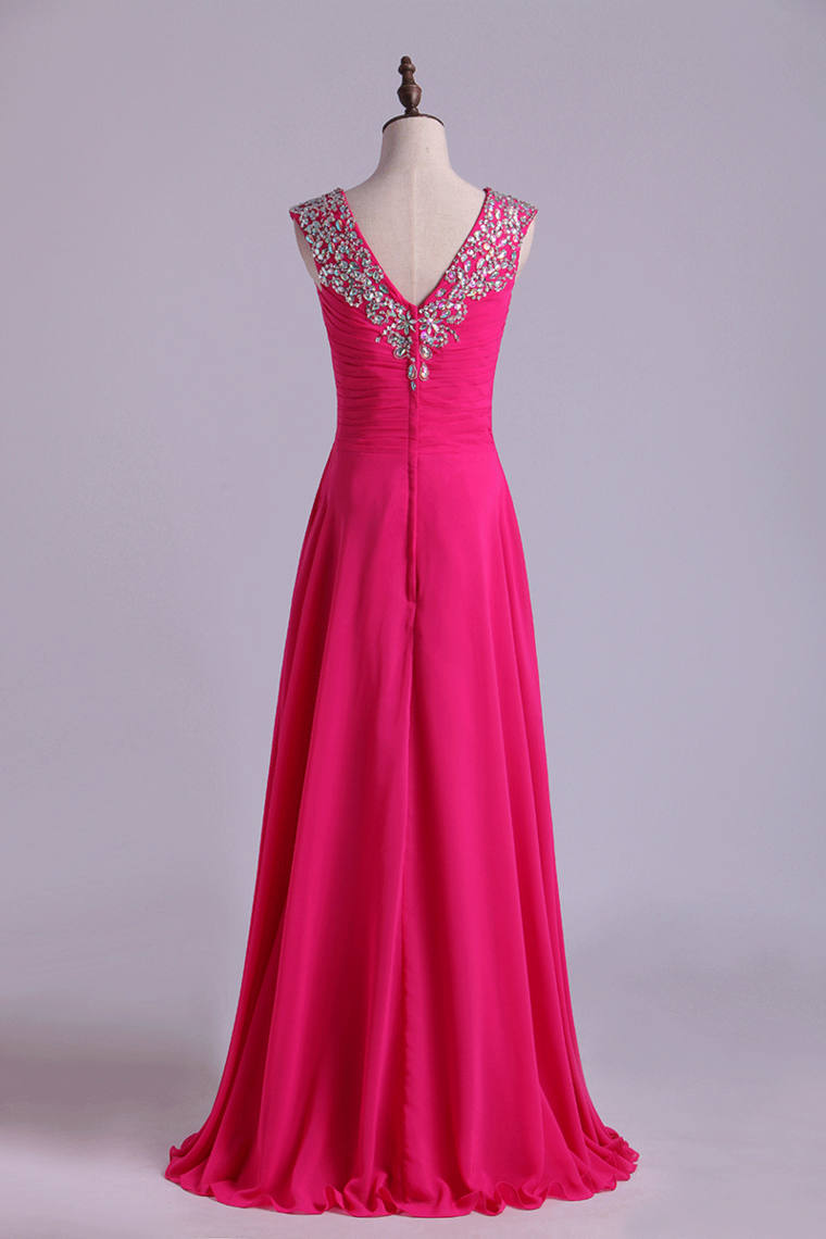 2022 Graceful Beaded&Ruffled Prom Dress V Neck Chiffon Floor Length