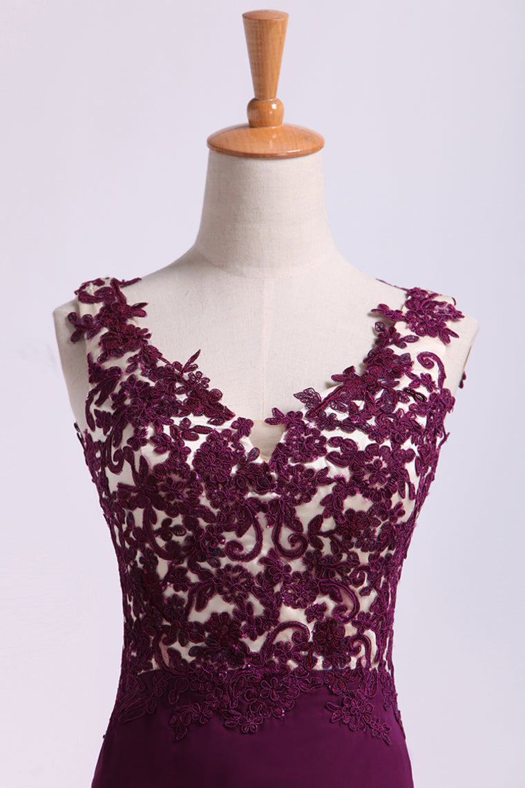 2022 Straps Prom Dresses With Slit&Applique Floor Length Chiffon