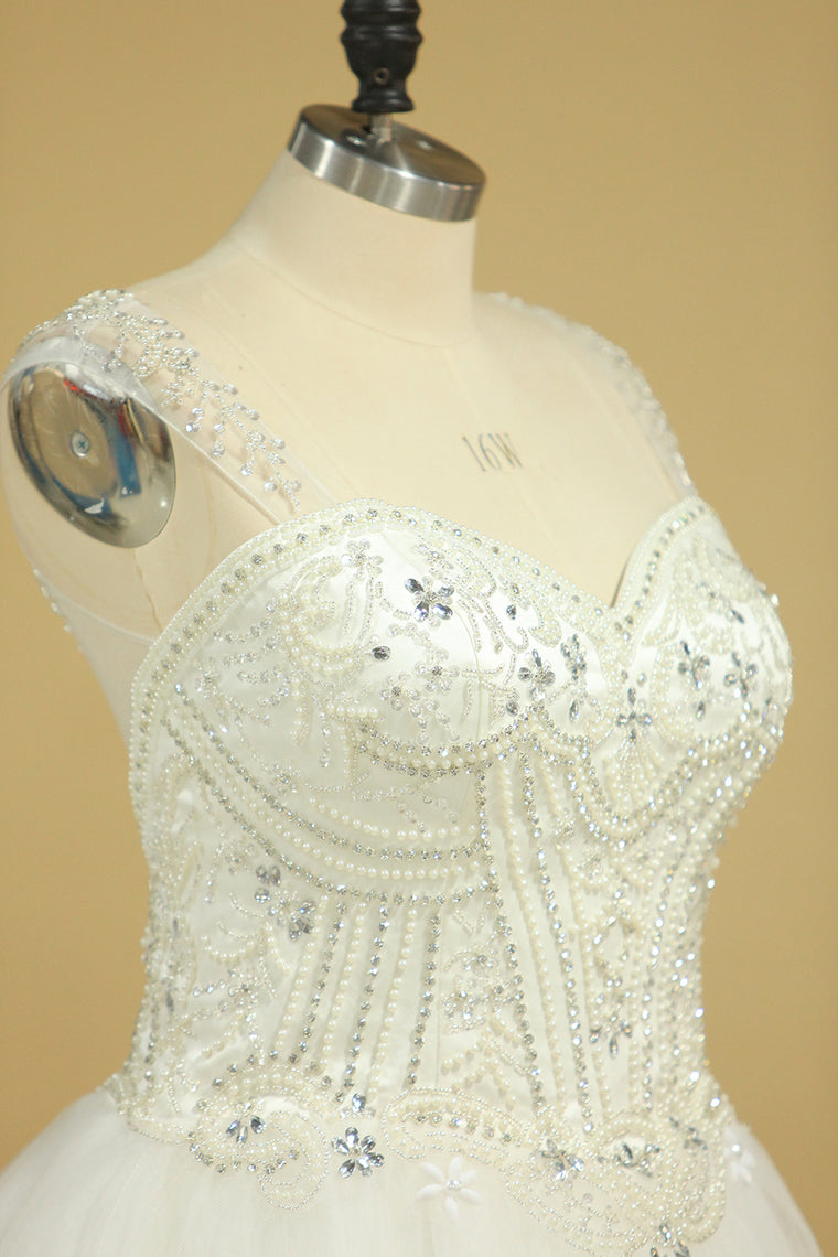 2022 Plus Size A Line Straps Wedding Dresses Tulle With Beading Chapel Train