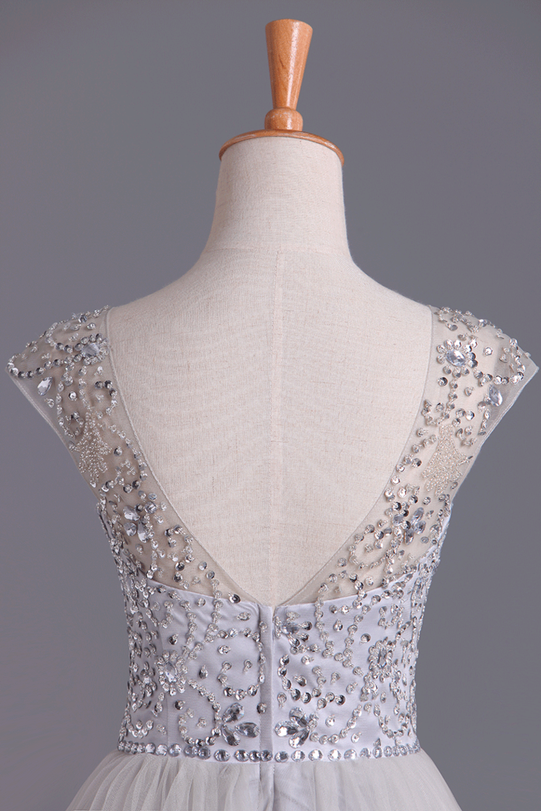 2022 Bateau A Line Short Beaded Bodice Homecoming Dresses Tulle