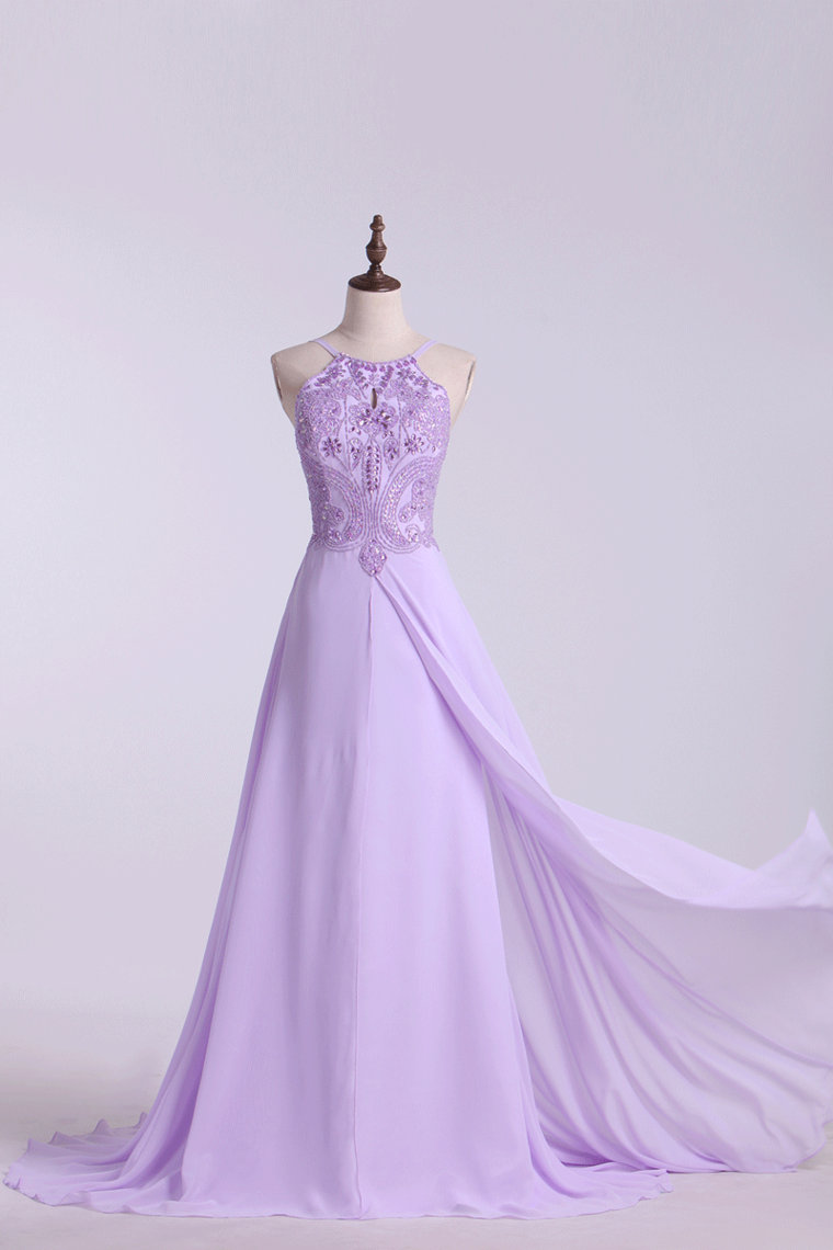2022 Spaghetti Straps Beaded Bodice A-Line Chiffon Prom Dresses New