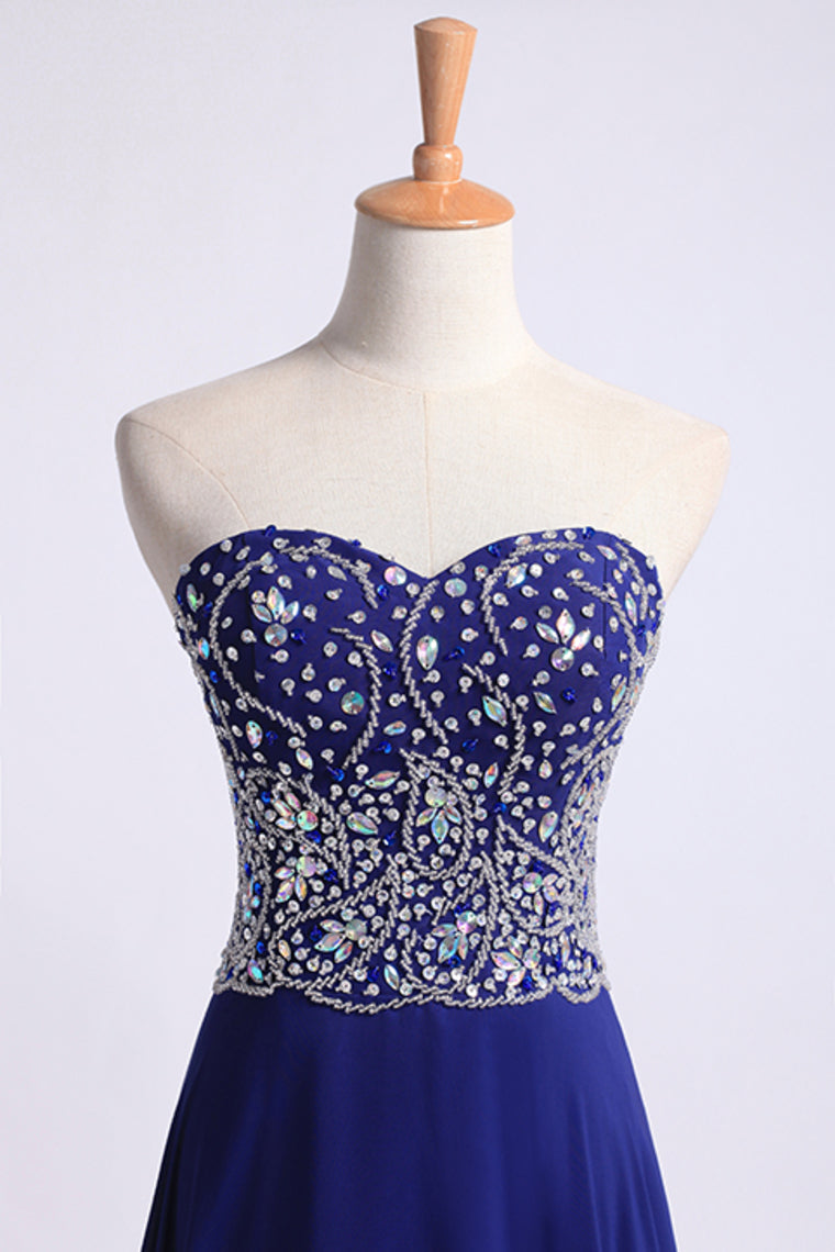 2022 Prom Dress Sweetheart Beaded Bodice A Line Chiffon Dark Royal Blue