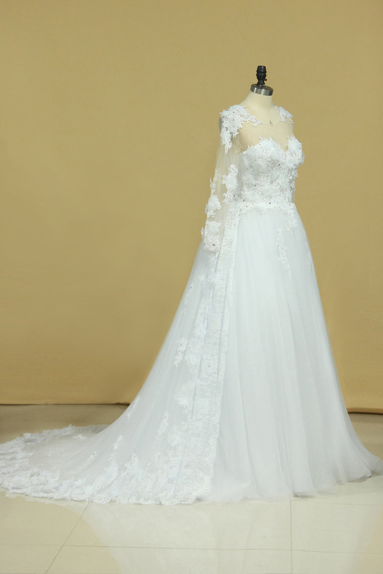 2022 Hot Long Sleeves Wedding Dresses Scoop Tulle With Applique