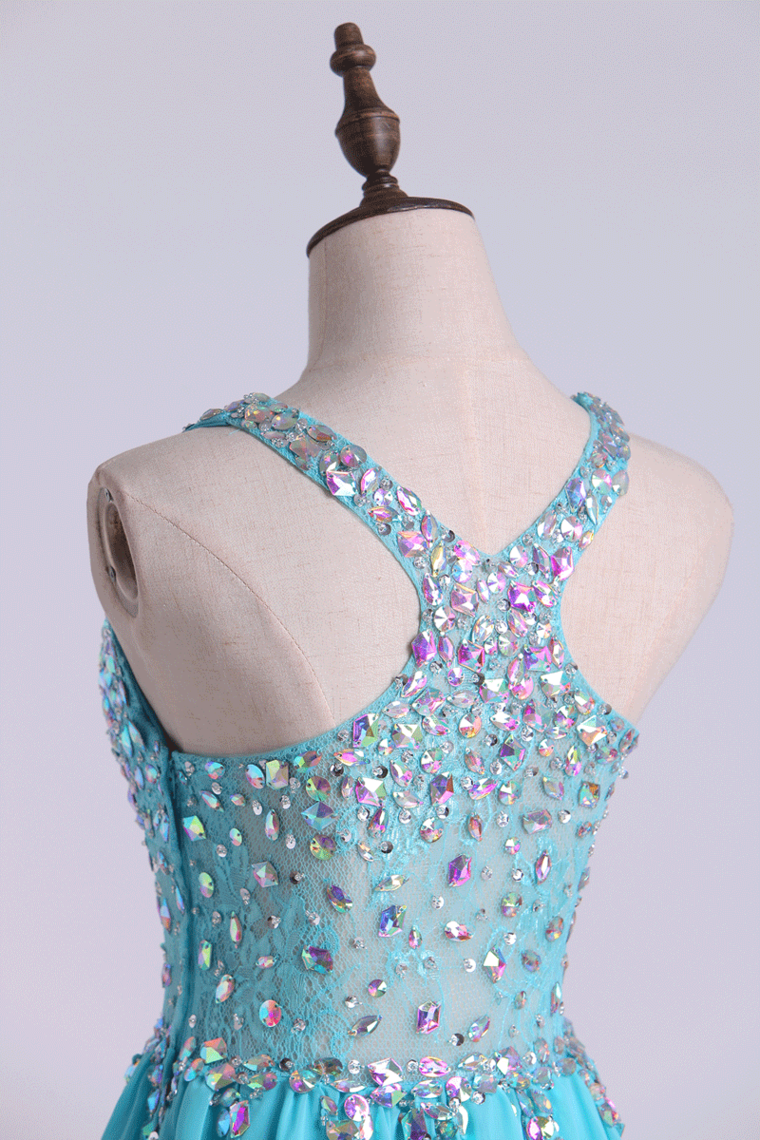 2022 Halter A Line Beaded Bodice Homecoming Dresses Lace&Chiffon Short/Mini