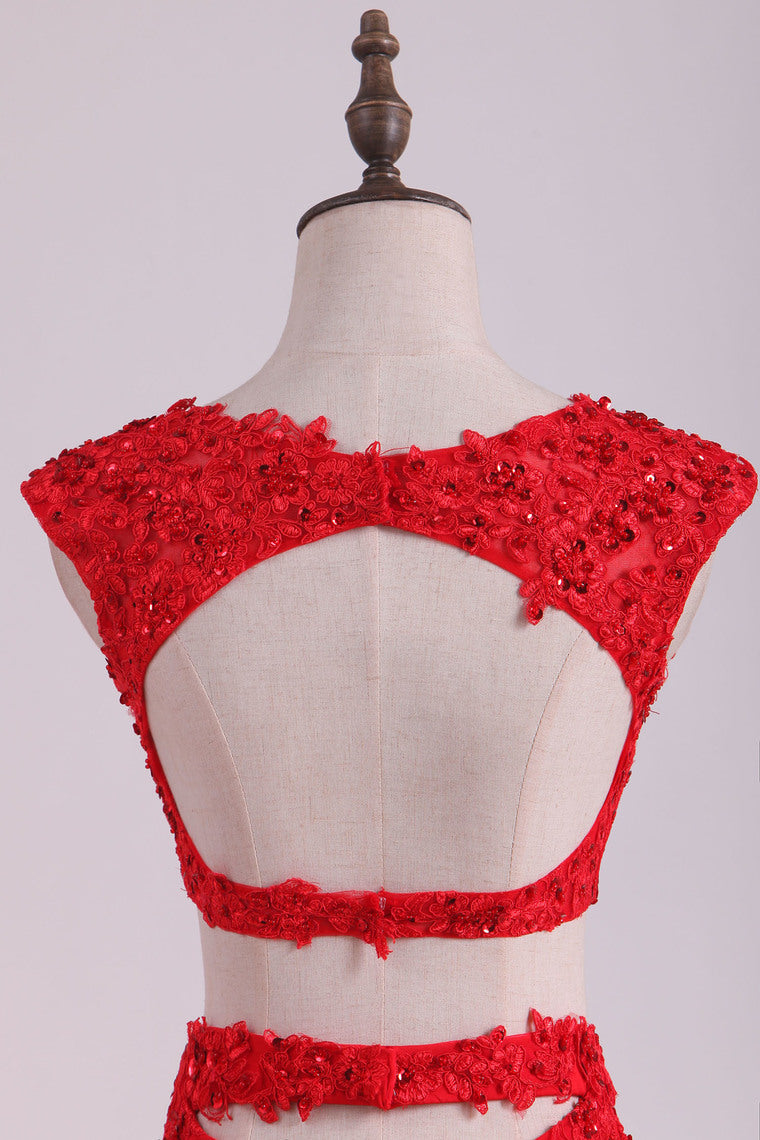 2022 Scoop Two-Piece With Applique And Beads Spandex Sheath Prom Dresses