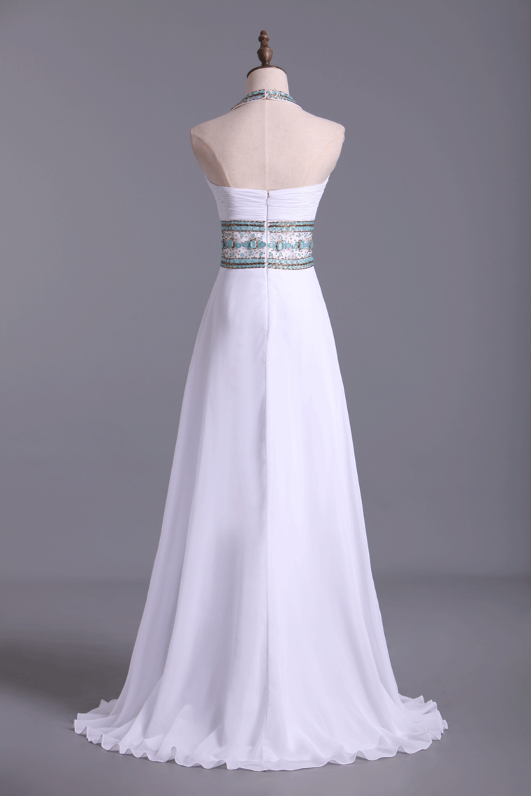 2022 Halter Prom Dress A-Line Pick Up Long Chiffon Skirt With Crystal Beading And Ruffles