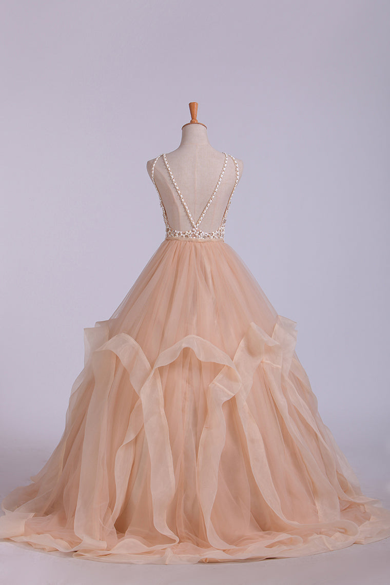 2022 Scoop Ball Gown Tulle Floor Length With Beading Floor Length