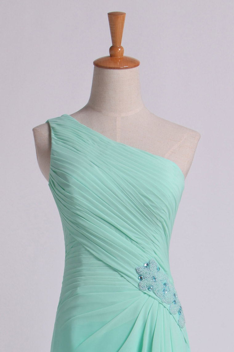2022 Evening Dresses One Shouder Pleated Bodice Column Chiffon With Beads