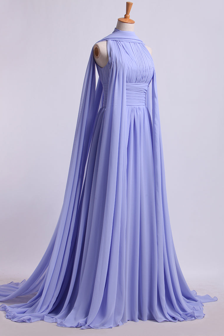 2022 High Neck Pleated Bodice Prom Dresses A-Line Chiffon Sweep Train