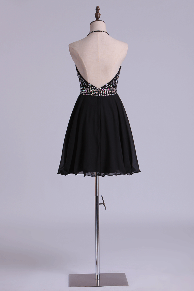 2022 Open Back Halter Short Prom Dress Beaded Bodice A Line Pick Up Chiffon Dress