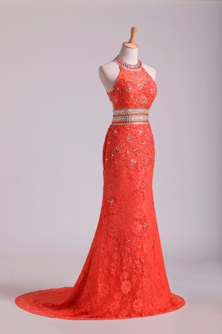 2022 Two Pieces Mermaid High Neck Prom Dresses Lace With Beads Sweep Train