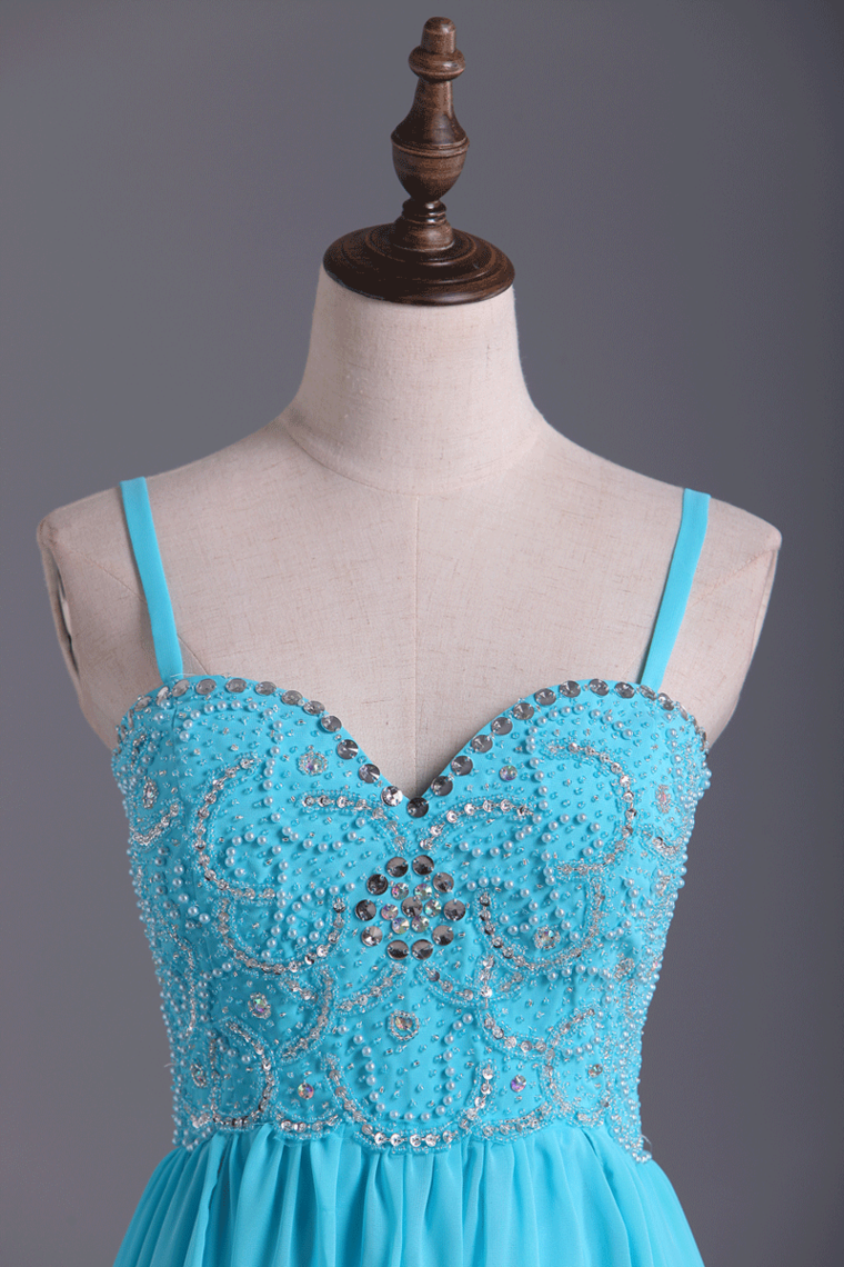 2022 Spaghetti Straps Beaded Bodice A Line Chiffon Prom Dress With Spaghetti Straps Ruffled