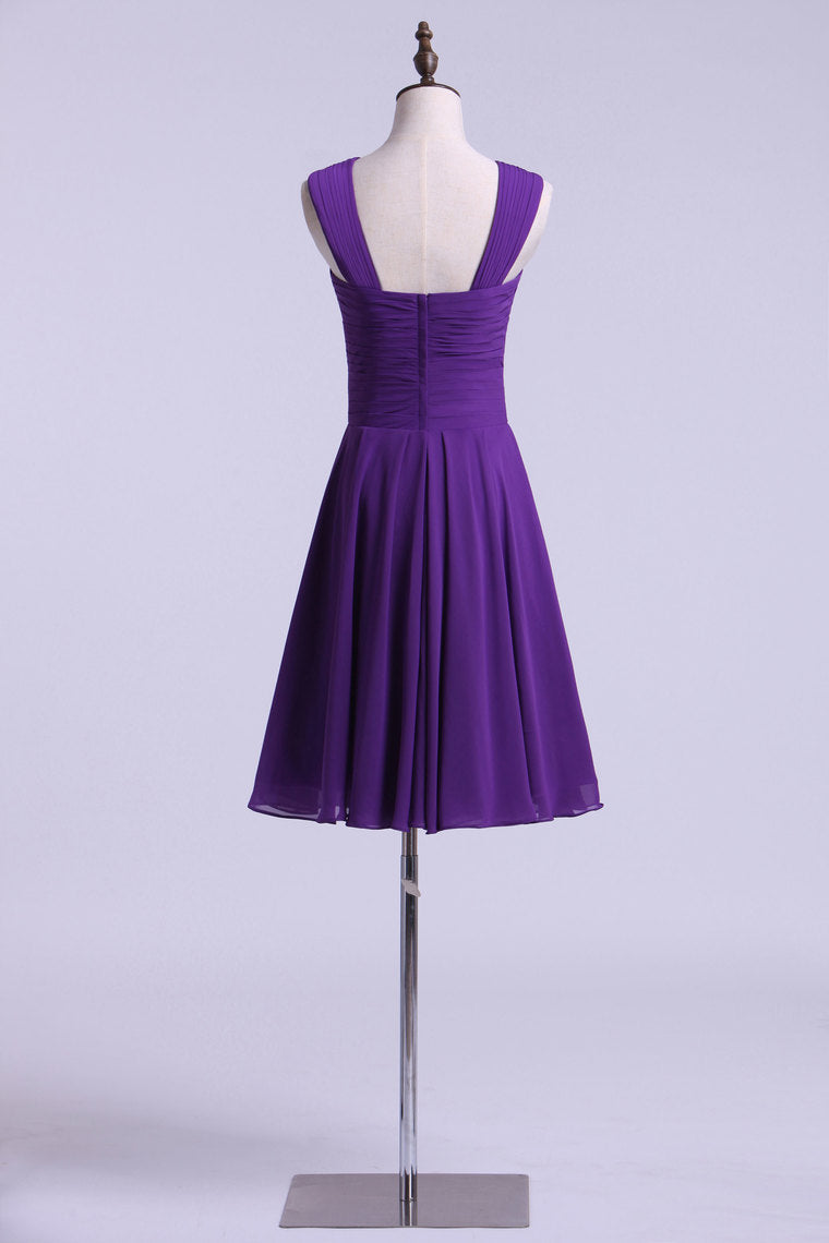 2022 V-Neck Bridesmaid Dresses A Line Chiffon With Ruffles Knee Length