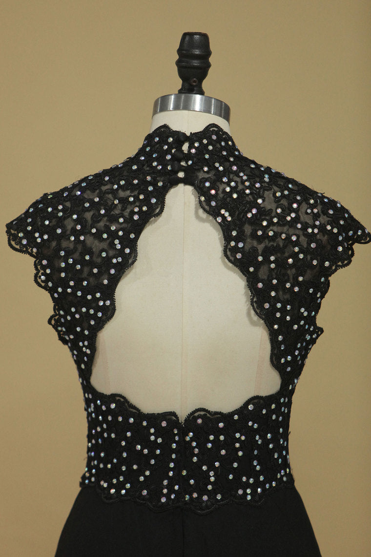2022 Black High Neck Prom Dresses A Line Chiffon With Applique And Beads