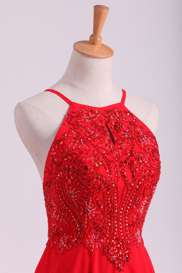 2022 Red Spaghetti Straps Beaded Bodice A-Line Chiffon Prom Dresses