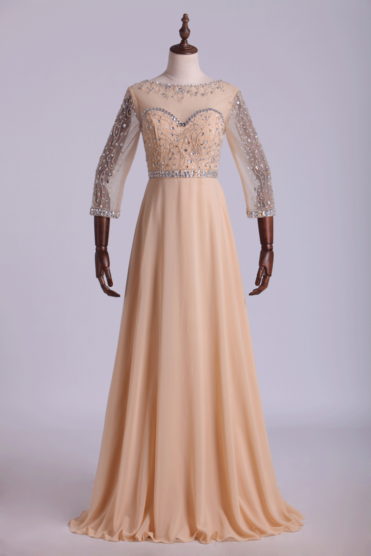 2022 Prom Dresses Bateau 3/4 Length Sleeve A Line Chiffon With Beads
