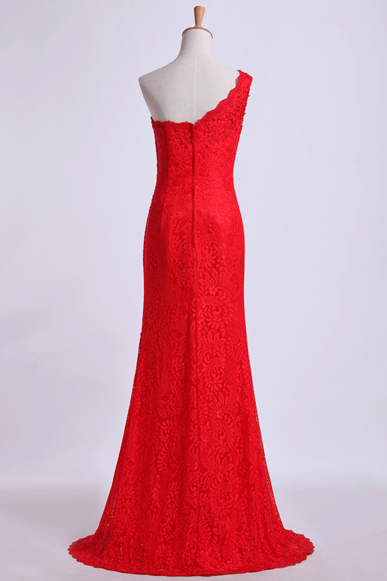 2022 One-Shoulder Sheath Prom Dresses Beaded Lace Floor-Length Zipper Back