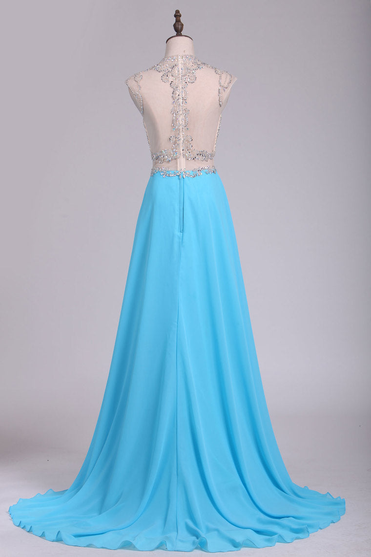 2022 Scoop Prom Dresses Chiffon With Slit And Beads A Line