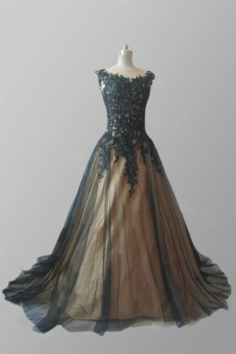 Scoop Prom Dresses A Line Tulle With Applique And Beads Sweep Train