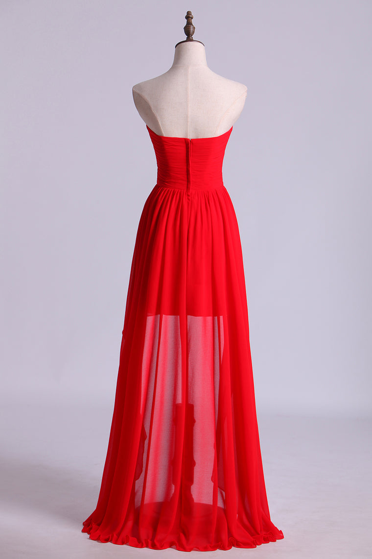 2022 Red High Low Sweetheart A Line Pleated Bodice Flowing Chiffon Skirt