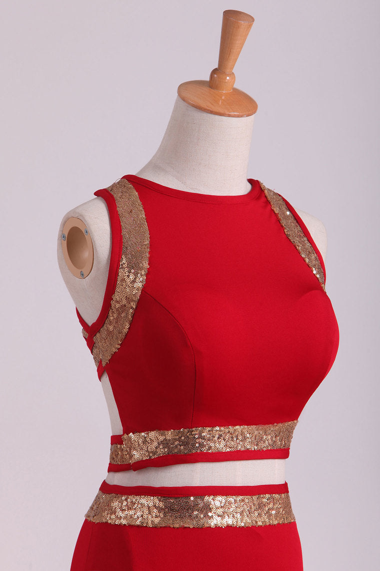 2022 Open Back Prom Dresses Two Pieces Spandex With Beads And Slit Sheath