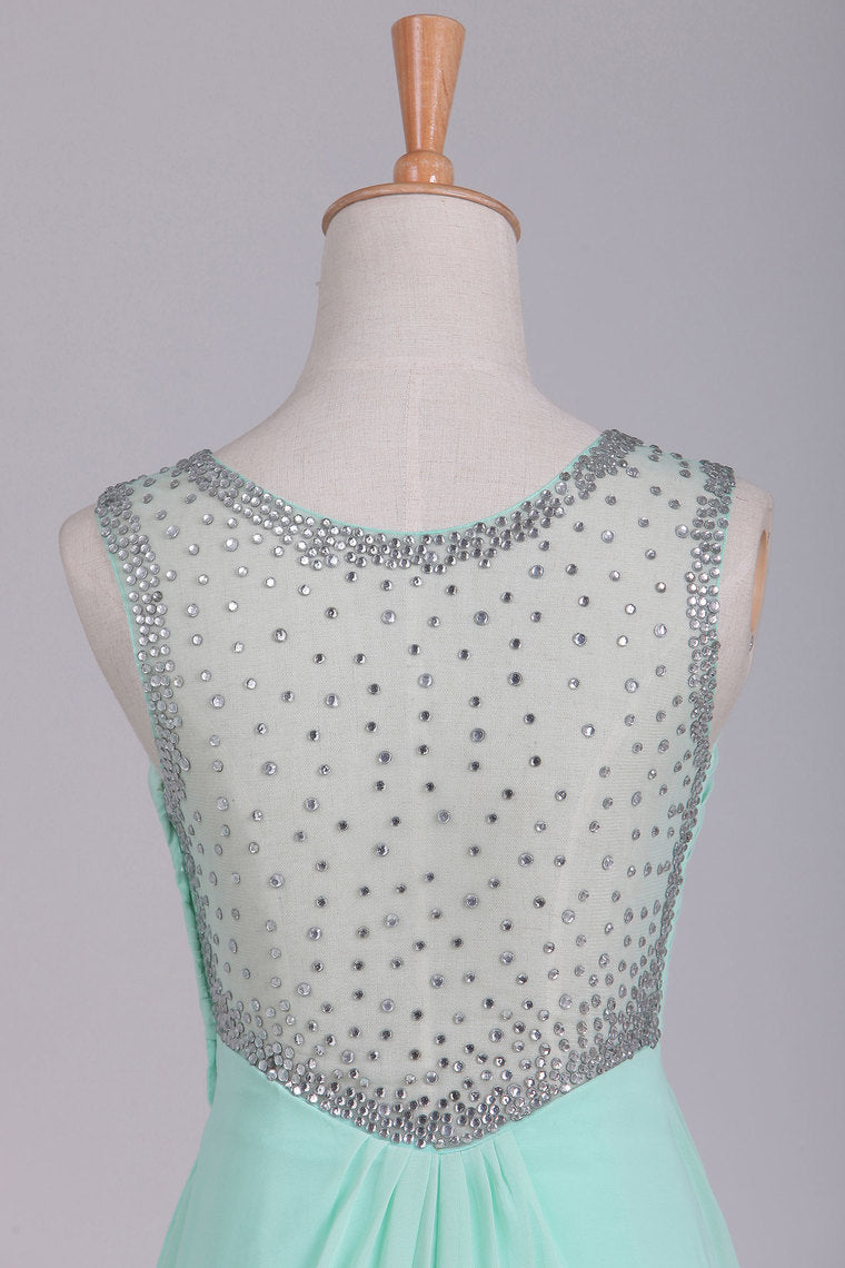 2022 Mint Scoop A Line Prom Dresses Chiffon With Beads & Ruffles Floor Length