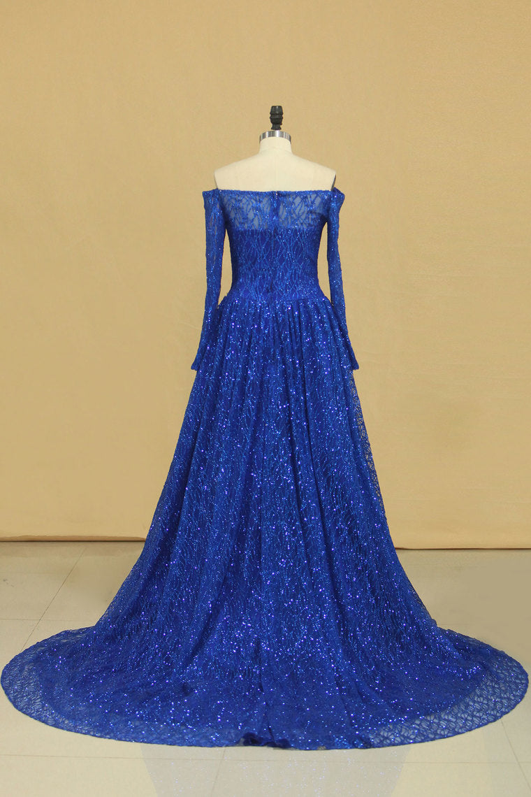 2022 Prom Dresses Boat Neck Long Sleeves A Line Tulle With Beading Sweep Train