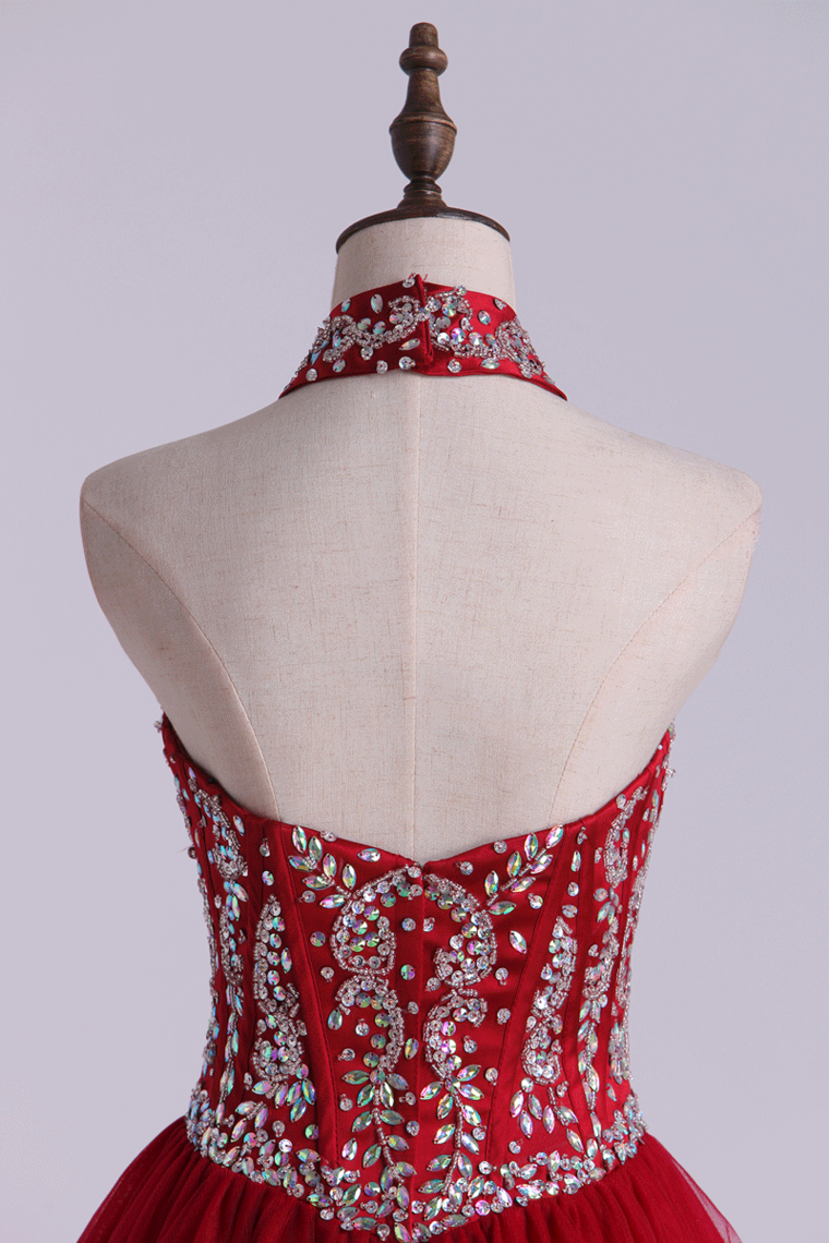 2022 Halter A-Line Homecoming Dresses Burgundy/Maroon With Beads Tulle Short/Mini