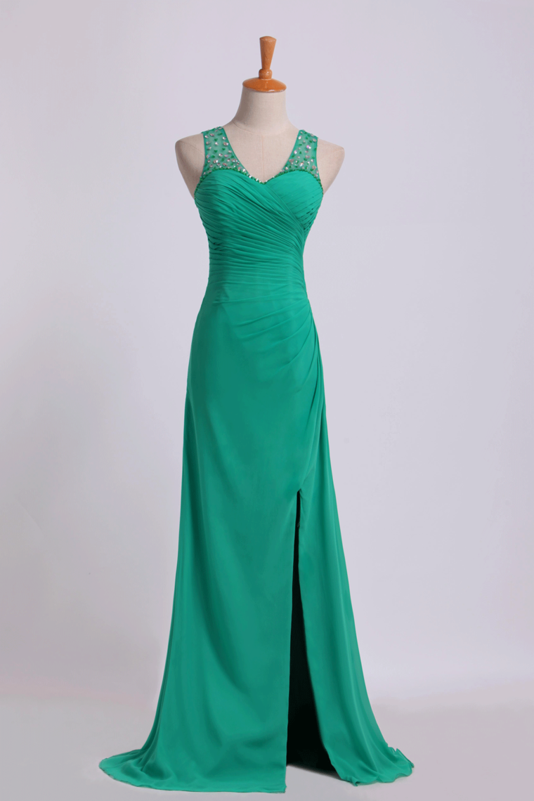 2022 Beaded Sweetheart Prom Dresses Neckline And Straps Ruffled Bodice With Slit