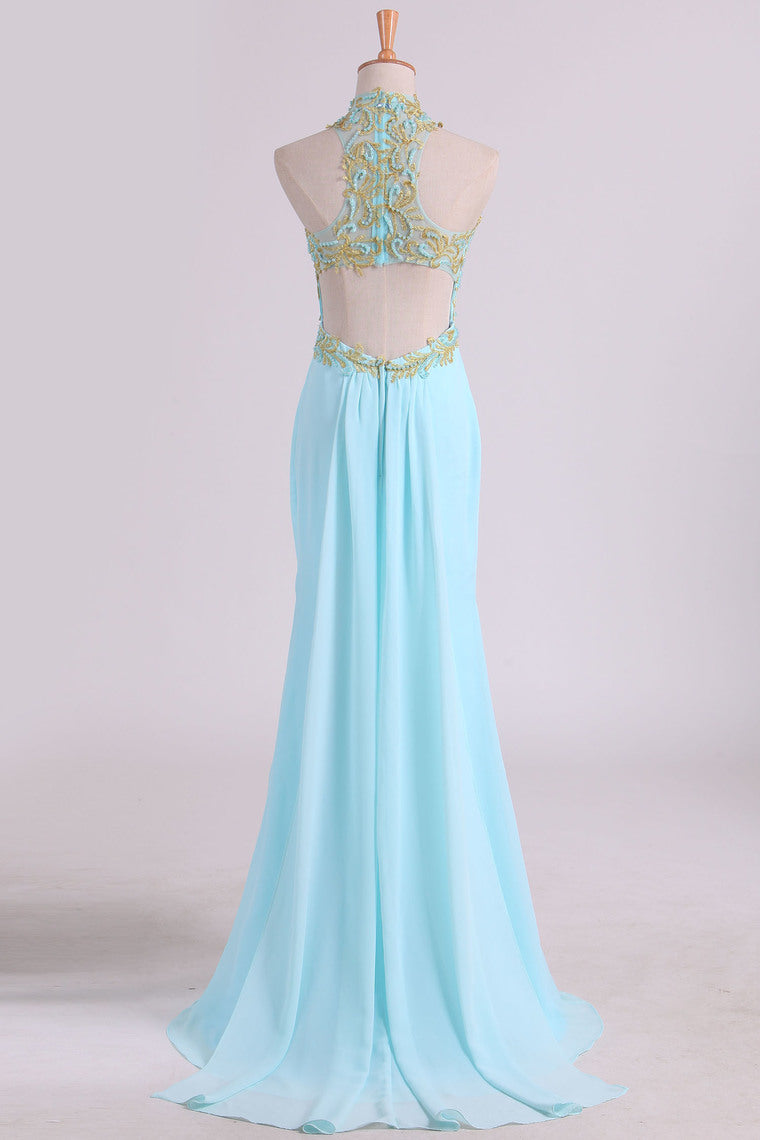 2022 Sheath Open Back High Neck Chiffon With Applique And Beads Prom Dresses