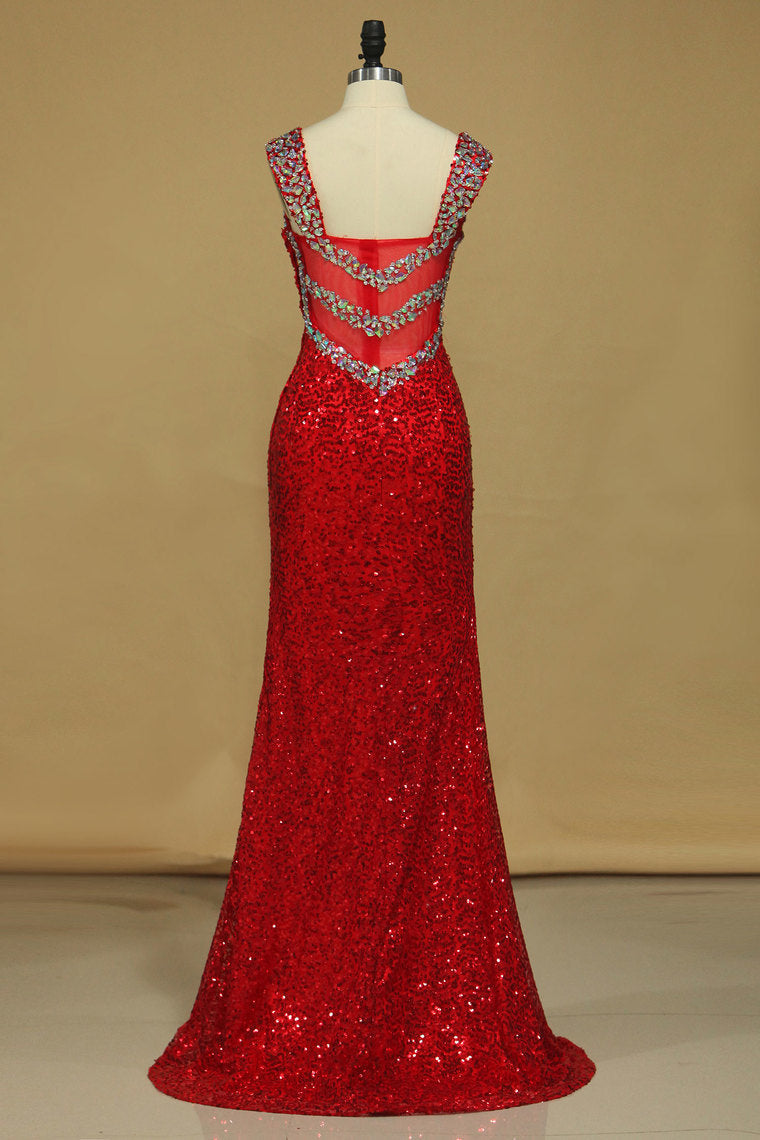 2022 Sheath Straps Prom Dresses Sequins With Beads Floor Length