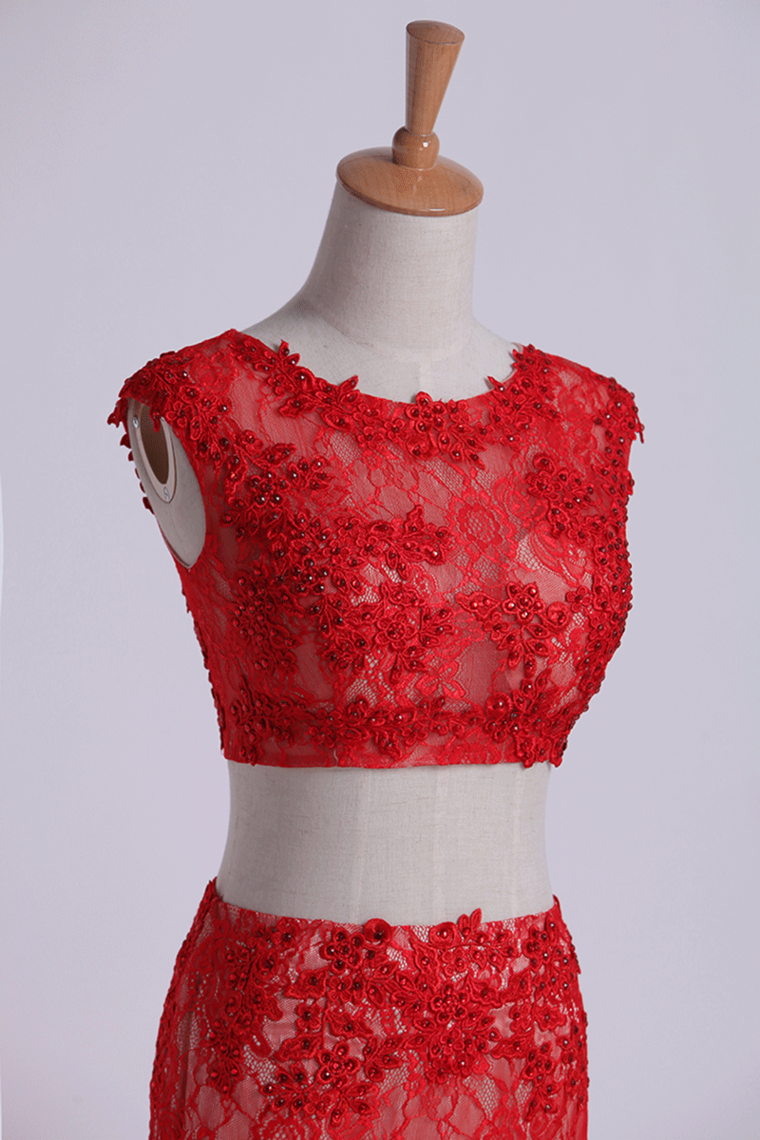 2022 Two Pieces Bateau Mermaid Prom Dresses Floor Length Lace With Applique