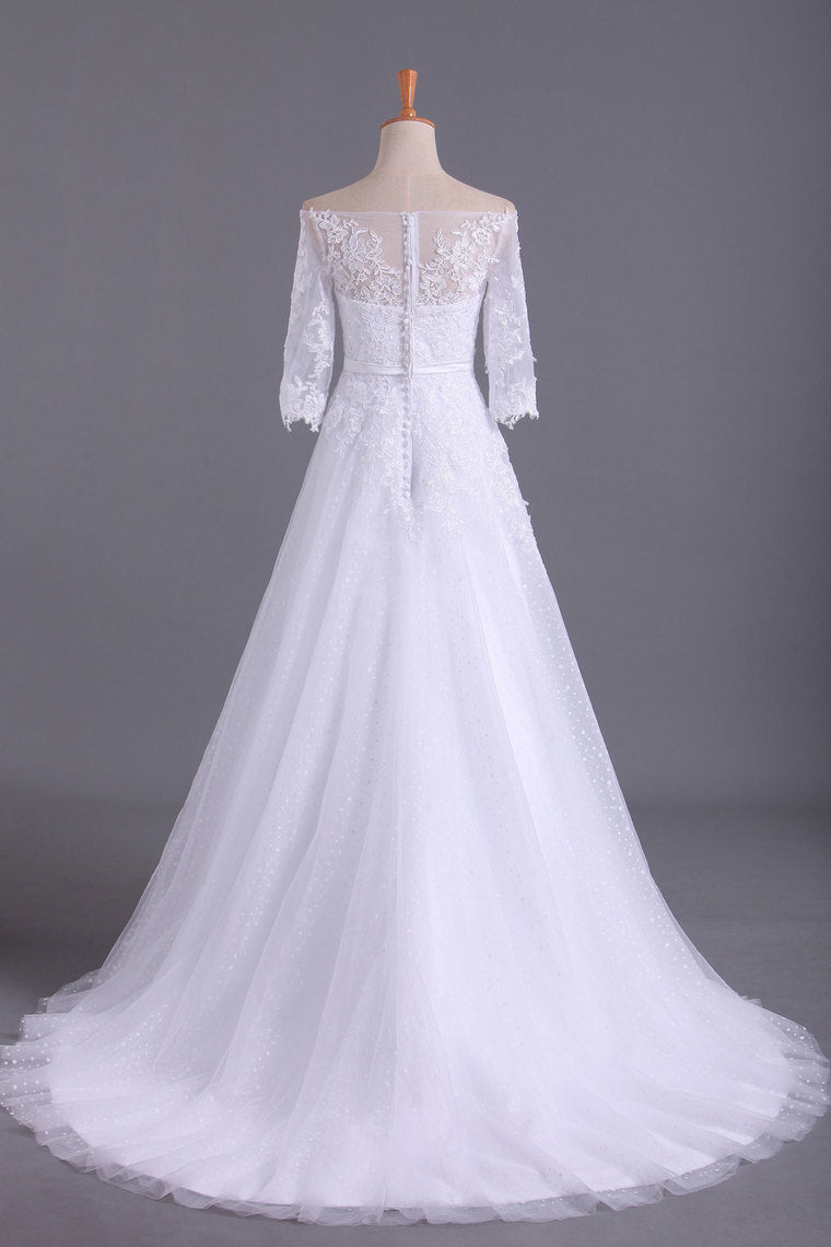2022 Shiny Wedding Dresses Bateau Half Length Sleeve A Line With Applique