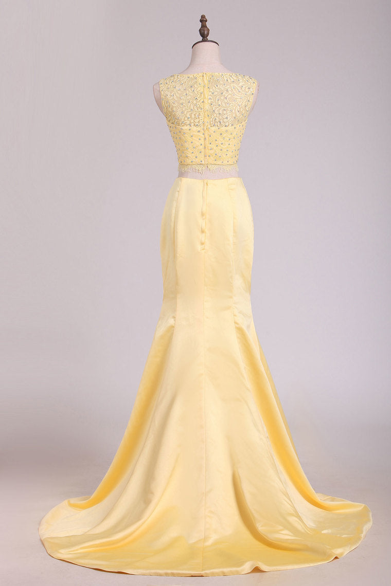 2022 Two-Piece Bateau Mermaid With Beading Prom Dresses Satin & Lace