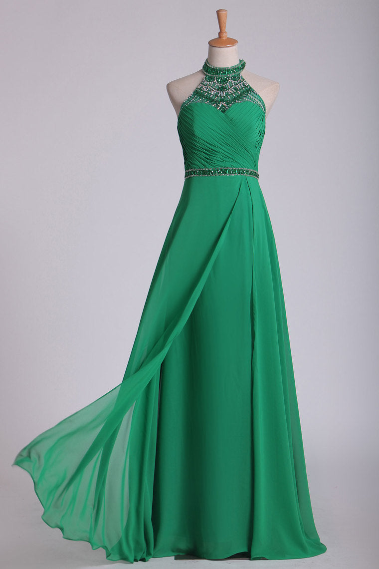 2022 High Neck Prom Dresses Beaded And Ruched Chiffon Sweep Train
