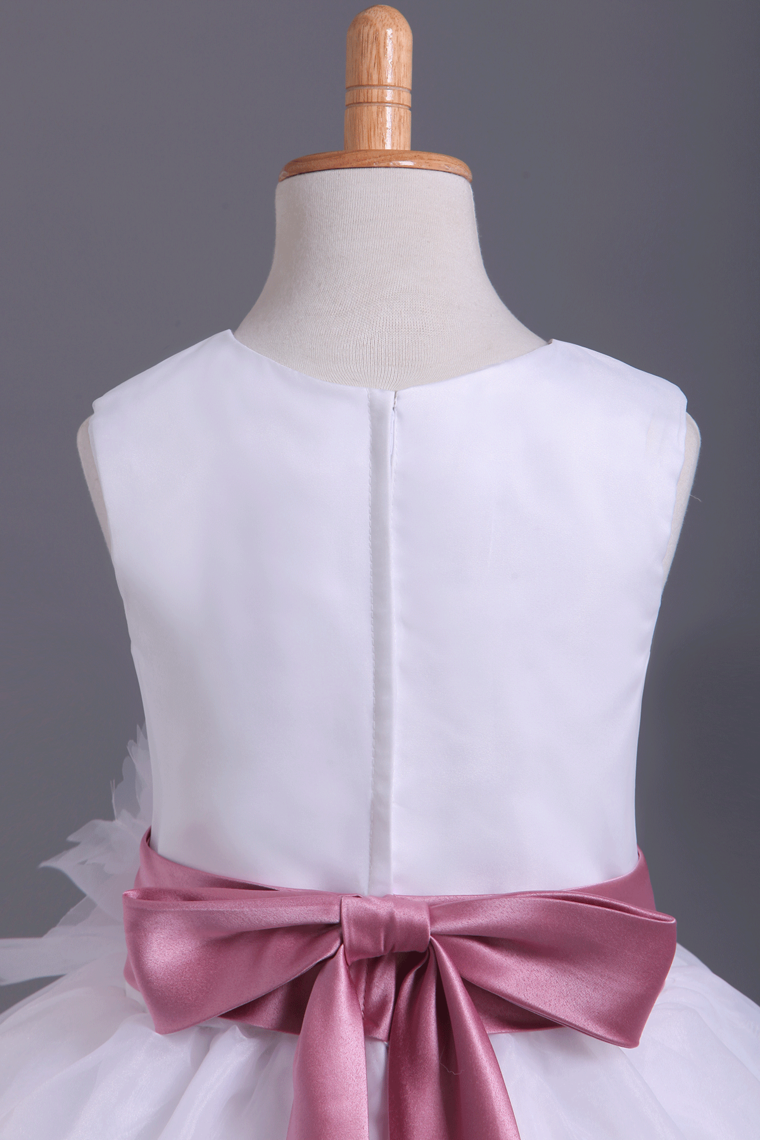 2022 White Flower Girl Dresses Ball Gown Scoop Floor Length Organza